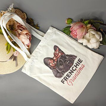 Сумка-шопер Frenchie Grandma біла, стильна текстильна еко сумка на плече 24-473 (26-38) фото